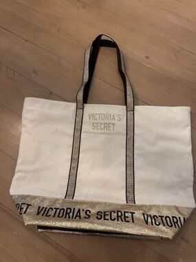 Victoria's Secret Canvas Ivory Gold Glitter Large Beach Utility Tote Bag NWOT